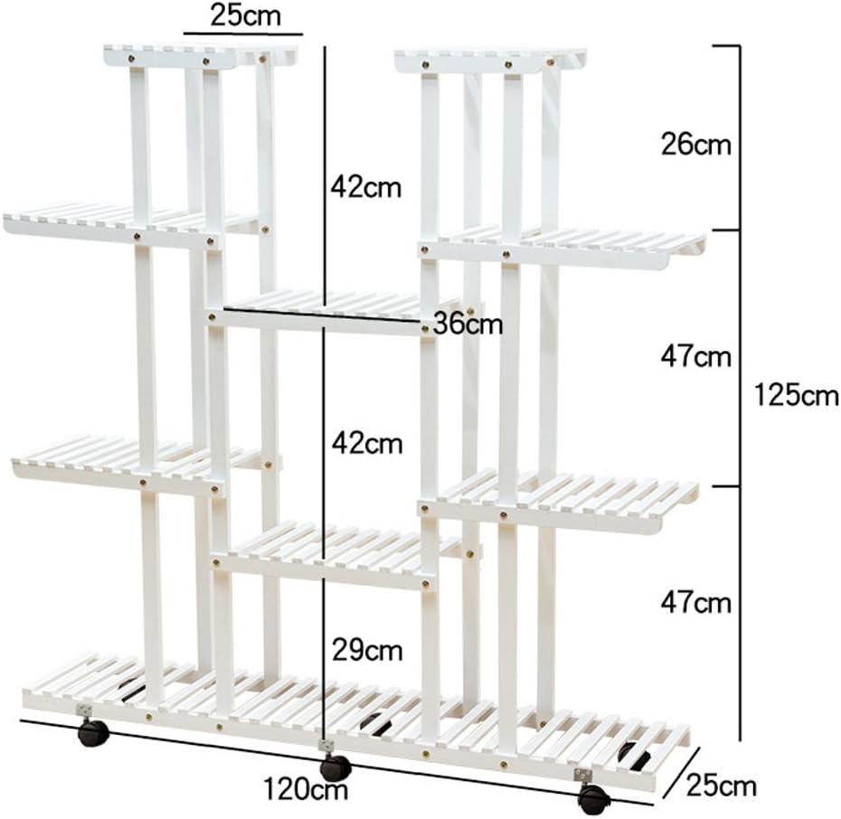 ZENGAI Solid Wood Flower Racks Multilayer Pulley Flower Pot Display Stand, 2 Colors, 47.2 Inches High (Color : White, Size : With wheels)