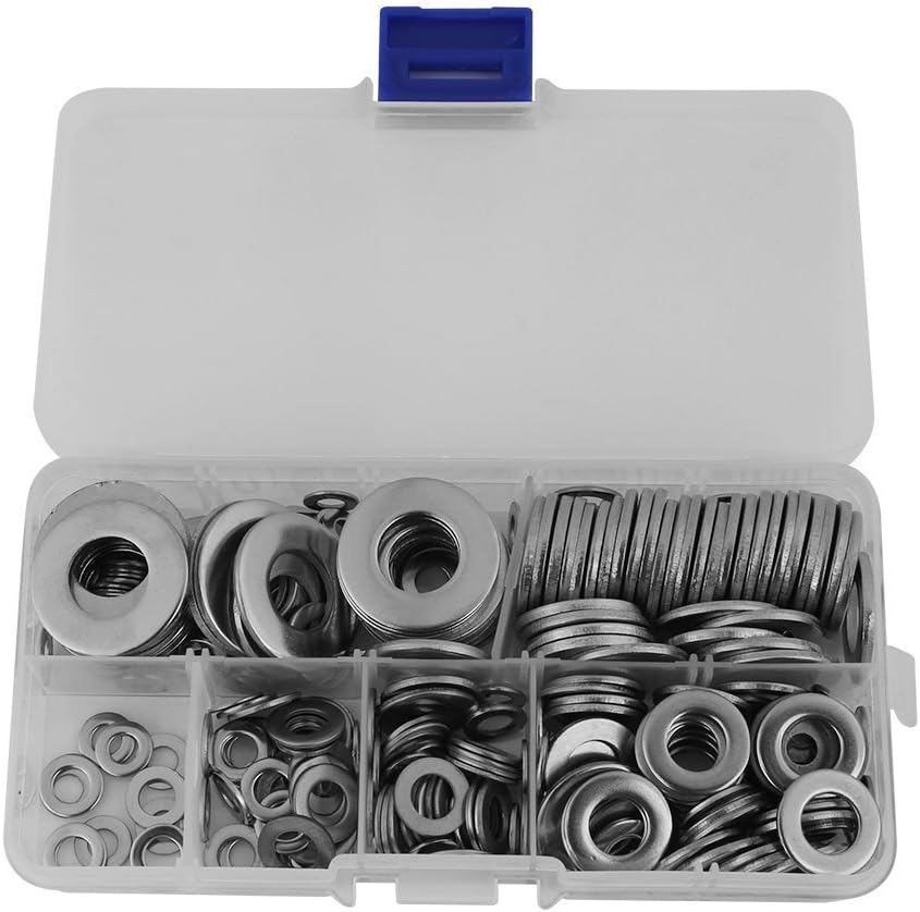 DollaTek 270pcs Stainless Steel Flat Washer, M4 M5 M6 M8 M10 M12 Round Flat Washers Assortment Kit
