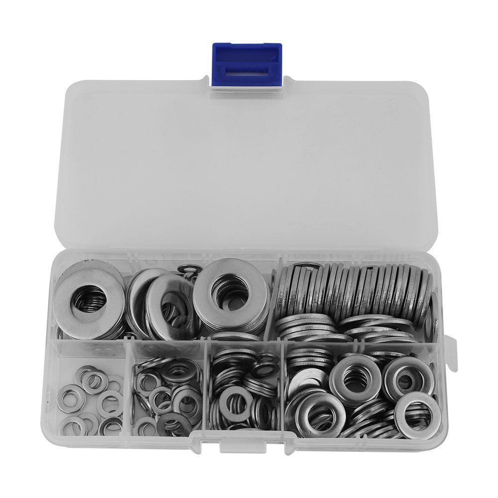 DollaTek 270pcs Stainless Steel Flat Washer, M4 M5 M6 M8 M10 M12 Round Flat Washers Assortment Kit, Solid Flat Sump Plug Washer Lock Tool Kit with Box