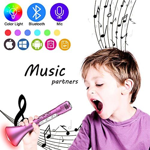 Kids Microphone Karaoke, Wireless Portable Karaoke Microphone with Bluetooth Speaker and Color Changing LED Lights for Home Party KTV Birthday Gift Compatible with PC/iPad/iPhone/Smartphone (Rose)