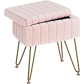 Greenstell Vanity Stool Chair Faux Fur with Storage, 15.7"L x 11.8"W x 19.4"H Soft Ottoman 4 Metal Legs with Anti-Slip Feet, Furry Padded Seat, Modern Multifunctional Chairs for Makeup, Bedroom Pink