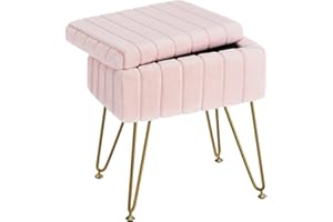 Greenstell Vanity Stool Chair Faux Fur with Storage, 19.4" H x 15.7" L x 11.8" W Soft Ottoman 4 Metal Legs with Anti-Slip Fee