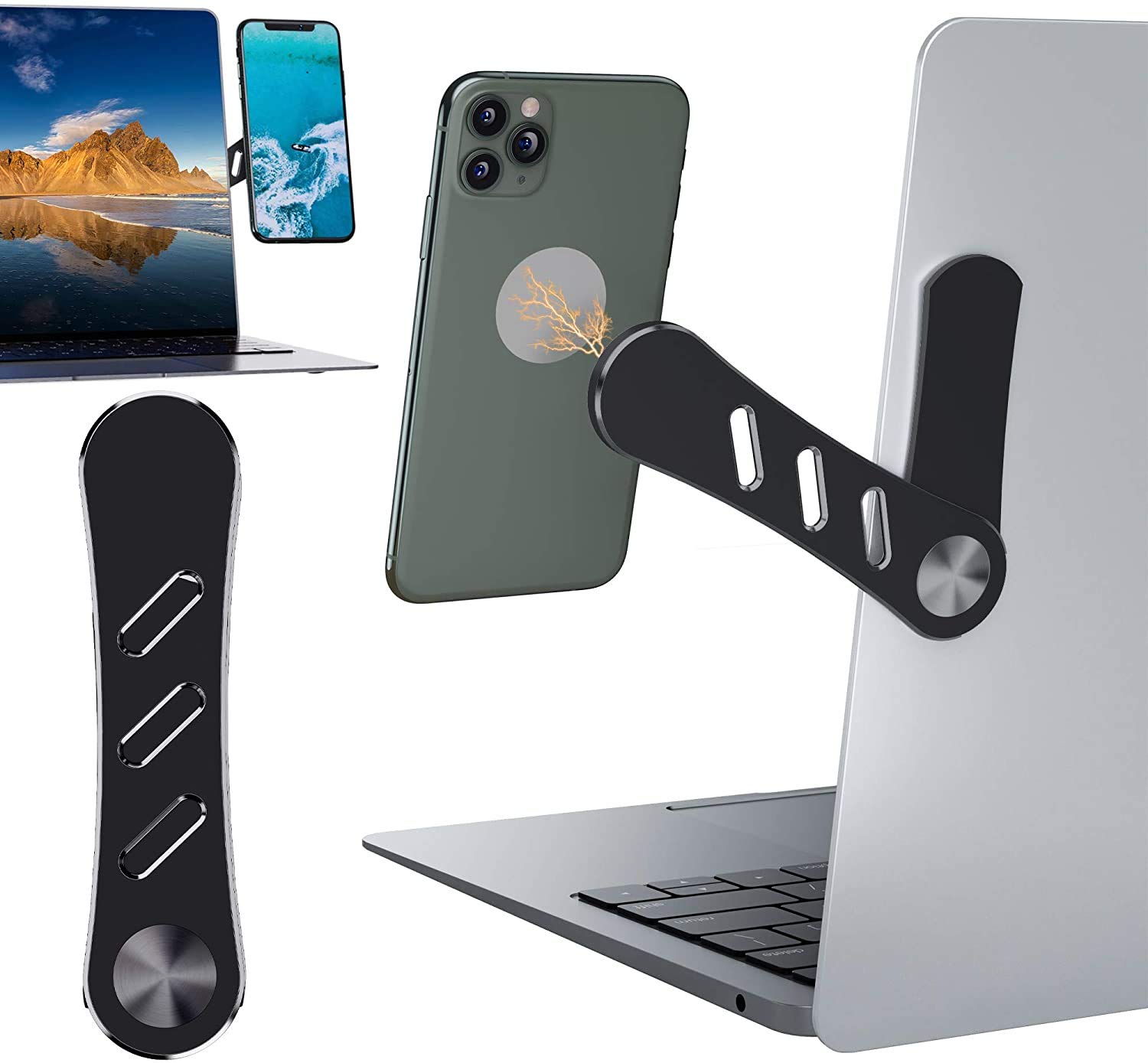 DK177 Adjustable Laptop Stand, Laptop Phone Holder, Laptop Side Mount Clip, Computer Monitor Expansion Bracket, Slim Portable Foldable Smartphone Stand. Improve Office Efficiency. (Black)