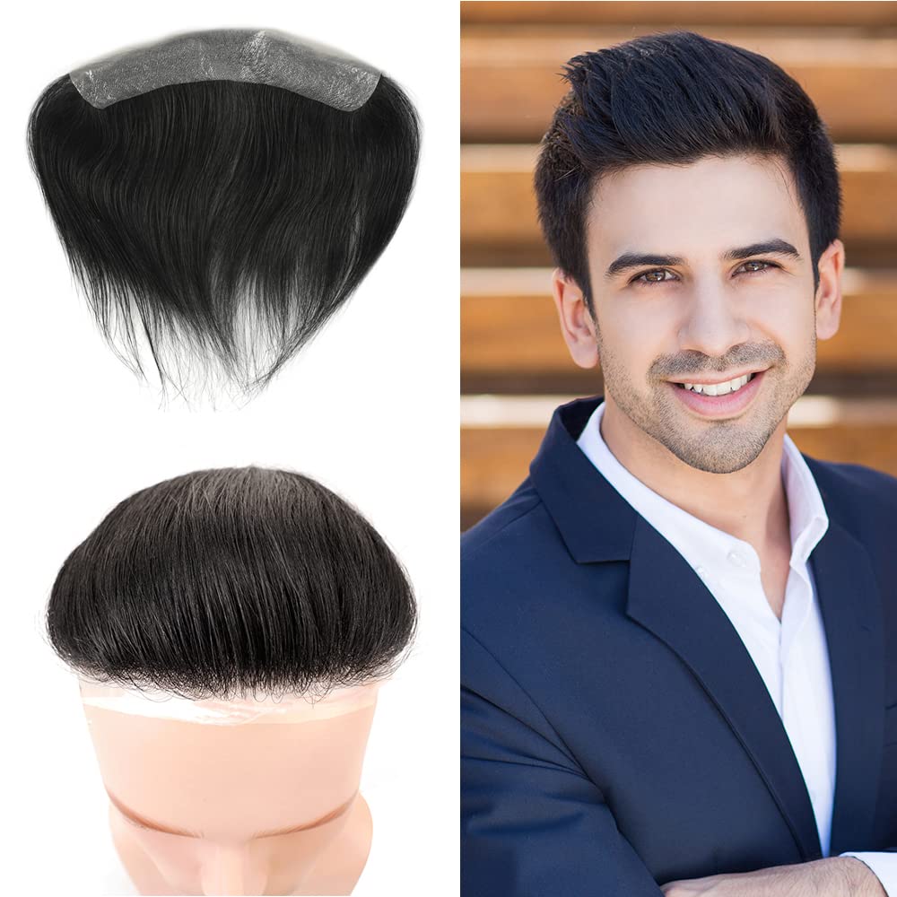 Lordhair V-Shape Frontal Hairpiece for Men, Natural Human Hair System with PU Thin Skin for Receding Hairline Coverage