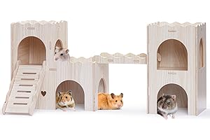 JEVND Large Hamster Hideout, Wooden Hamster Houses and Hideouts, Double-Decker Hamster Hut Castle, Dwarf Gerbils Habitat House with Climbing Ladder, Multi Chamber Syrian Hamsters Hides