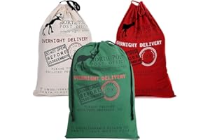 BIRSPPY 3 Pack Christmas Decorations Santa Sack Personalized for Kids Canvas Burlap Blank Christmas Gifts Bag Drawstring Special Delivery Extra Large Size Red Green White 27.5"x19.5"