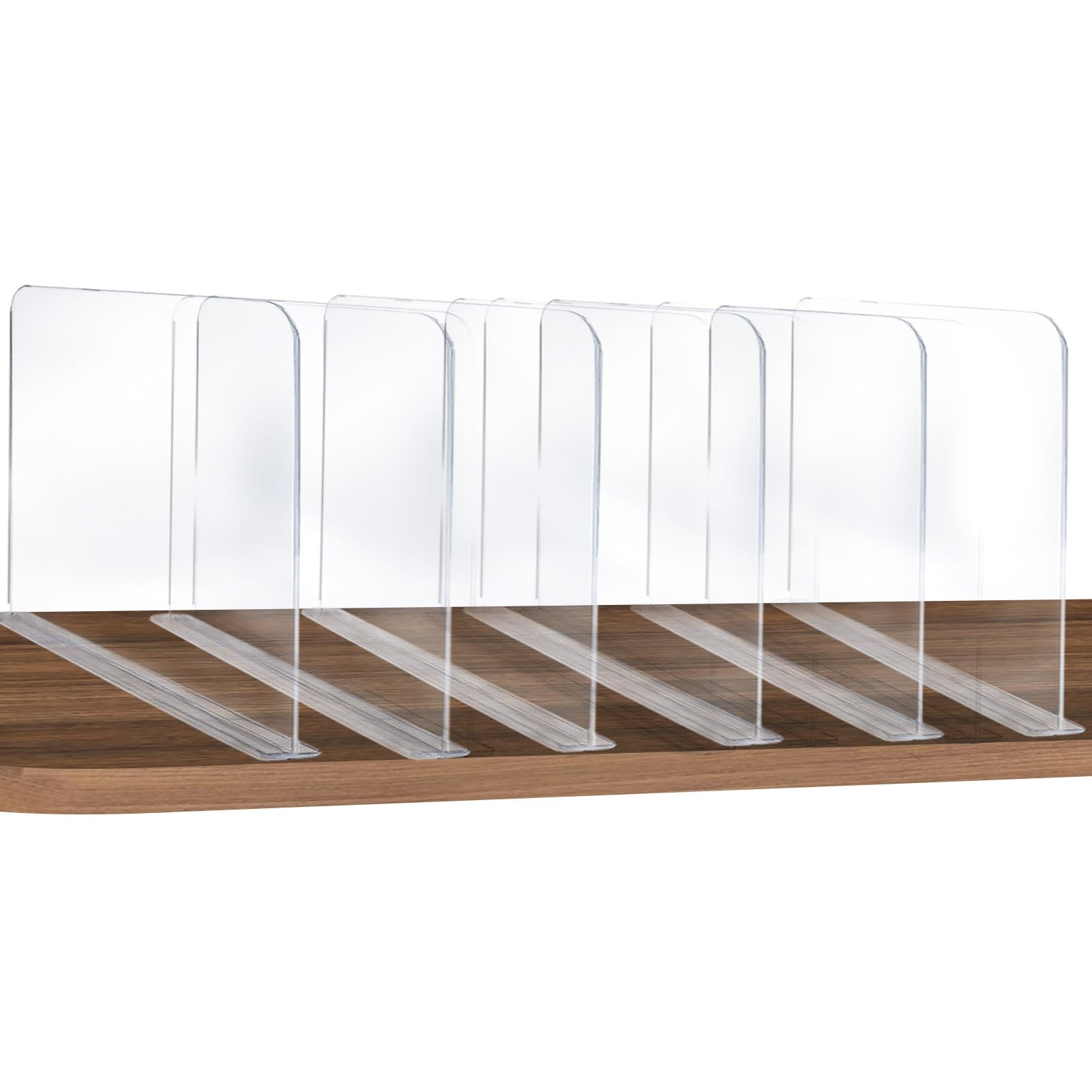 Photo 1 of ROUFA 6Pcs Clear Acrylic Shelf Dividers, Closet Organizer Wood Shelf Separators Purse Organizer for Bedroom, Kitchen, Office, Bathroom 11.8''x11''