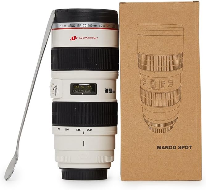 MANGO SPOT Camera Lens Tea Cup, White Travel Coffee Mug Stainless Steel Interior with Delicate Spoon, 17oz