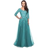 Women's V Neck Mother of Bride Dress 3/4 Sleeve Tulle Long Formal Evening Gowns with Pockets