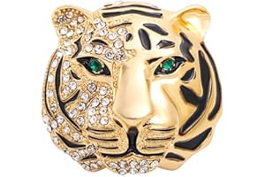RRDAILY Gold Tiger Head Brooch Pins，Punk Rhinestone Crystal Animal Lapel Pin,Charm Lion Coat Collar Suit Pin Brooch for Men Boy (A)