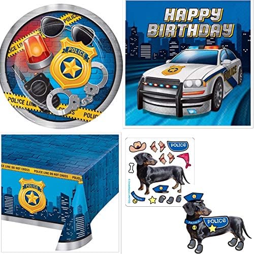 Olive Occasions Police Birthday Party Supplies Serves 16 Plates, 16 Napkins, Table Cover, Make Your Own K9 Cop Stickers, Recipe