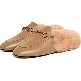 Vertundy Fur Mules with Matal Buckle Slip On Flats for Women Backless Sandals Dress Shoes Work Slides