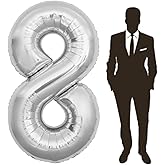 65 Inch Giant Silver Foil Number Balloon,Old Children's Birthday Party Helium Balloon Wedding And Celebration Themed Party Decoration Supplies (8 Plus)
