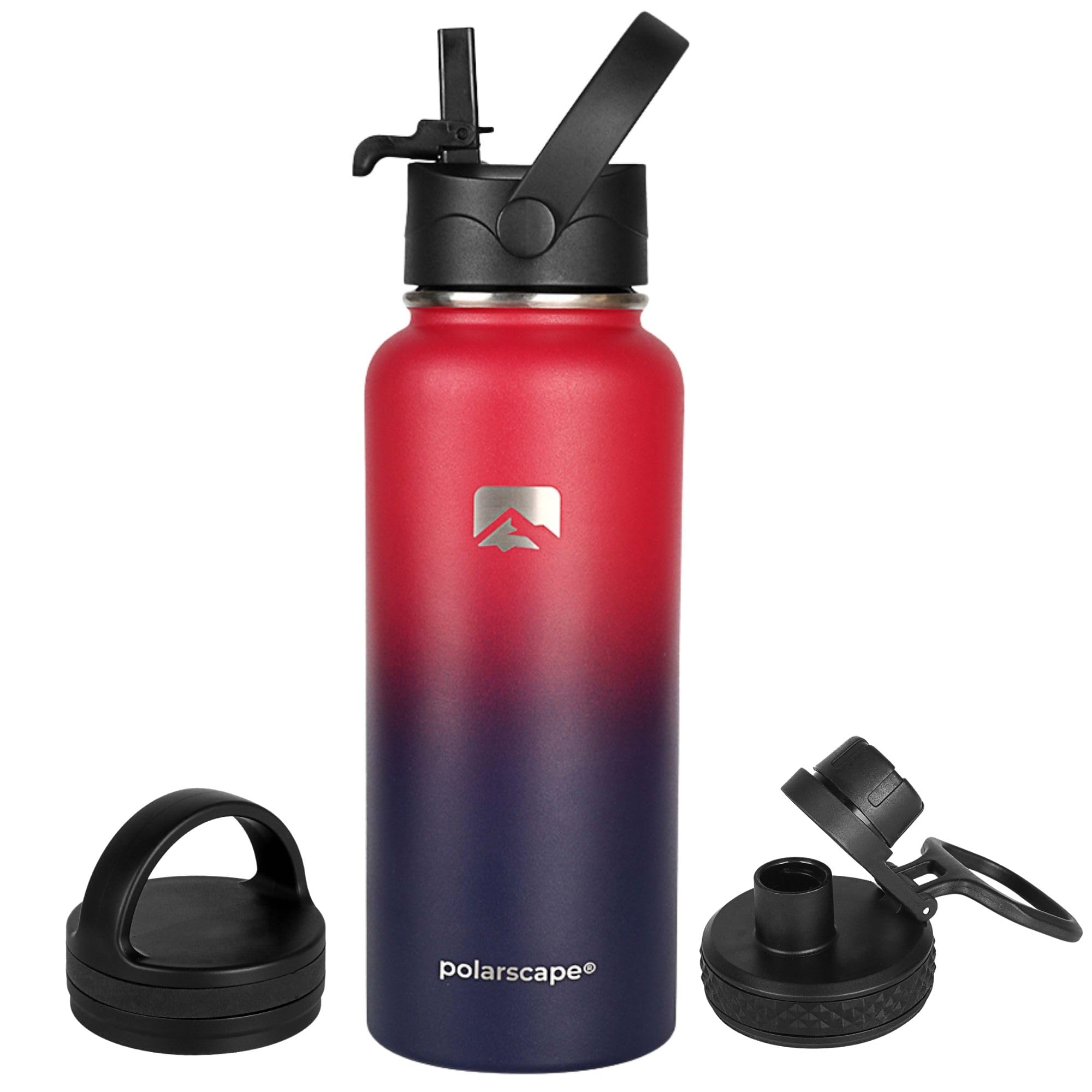 Polarscape Stainless Steel Insulated Water Bottle with Straw - Metal Water Bottle, Includes 3 Lids, 2 Straws, and Straw Brush - Wide Mouth, Double-Walled, BPA Free, Leak Proof - 1L Plum
