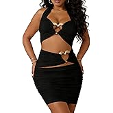 Geulis Sexy 2 Piece Skirt Sets for Women Summer Cut out Sleeveless Halter Crop Tops Ruched Bodycon Mini Skirt Beach Outfits