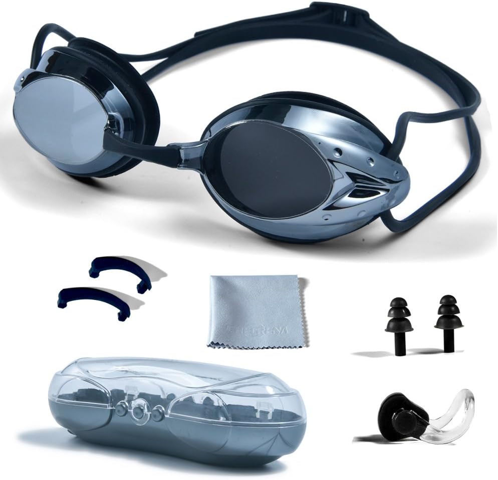 PHELRENA Swimming Goggles, Professional Swim Goggles Anti Fog UV Protection No Leaking for Adult Men Women Kids Swim Goggles with Nose Clip, Ear Plugs, Protection Case and Interchangeable Nose Bridge