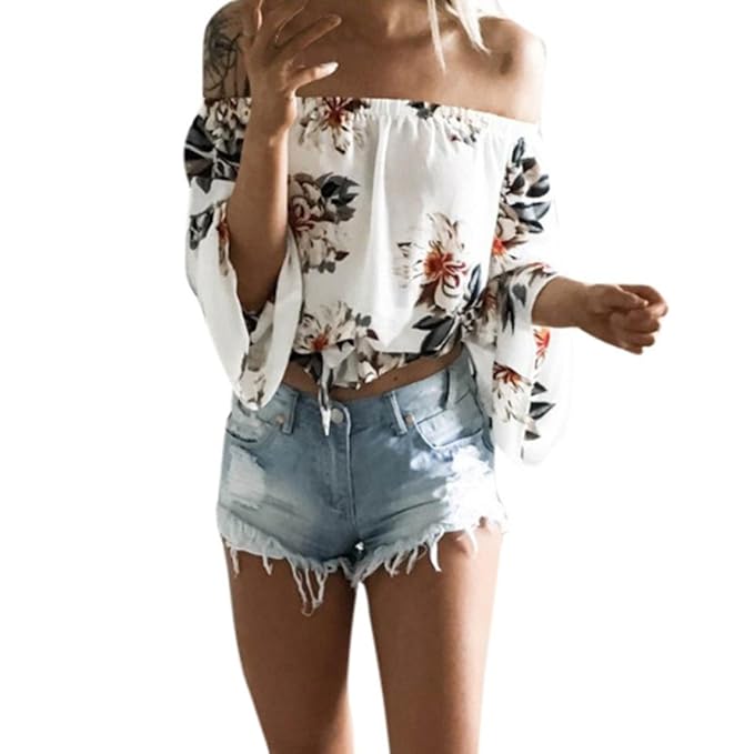 Sweatshirt Damen Kolylong® Frauen Elegant Trägerlos Langarm Bluse mit Blumenmuster Festlich Rückenfreies Oberteil Schulterfre