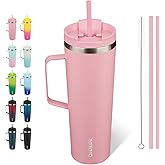 BJPKPK Insulated Tumbler with Handle, 30oz Insulated Tumblers with Lid and Straw, Stainless Steel Metal Water Bottles, Coffee Travel Mugs, Cups, Light Pink
