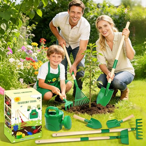 Garden Tools for Children, 10 Metal Garden Kit with Shovel, Rake, Fork, Work Gloves, Apron, Watering Can, Complete Garden Set for Kids, Outdoor Garden, Yard, Lawn (A)
