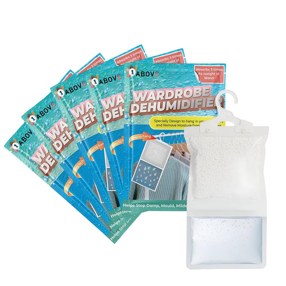 PACK OF 5 Hanging Wardrobe Dehumidifier, Condensation Remover, Moisture Absorber, Dehumidifiers for Damp, Mould, Moisture in Wardrobe, Bedroom, Caravan, Bathroom, Basement - 210 g