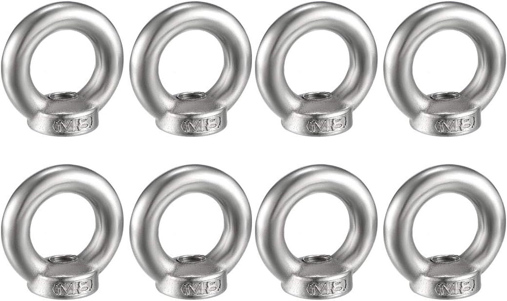 sourcing map Lifting Eye Nut M8 Female Thread 304 Stainless Steel Round Shape for Rope Fitting Pack of 8