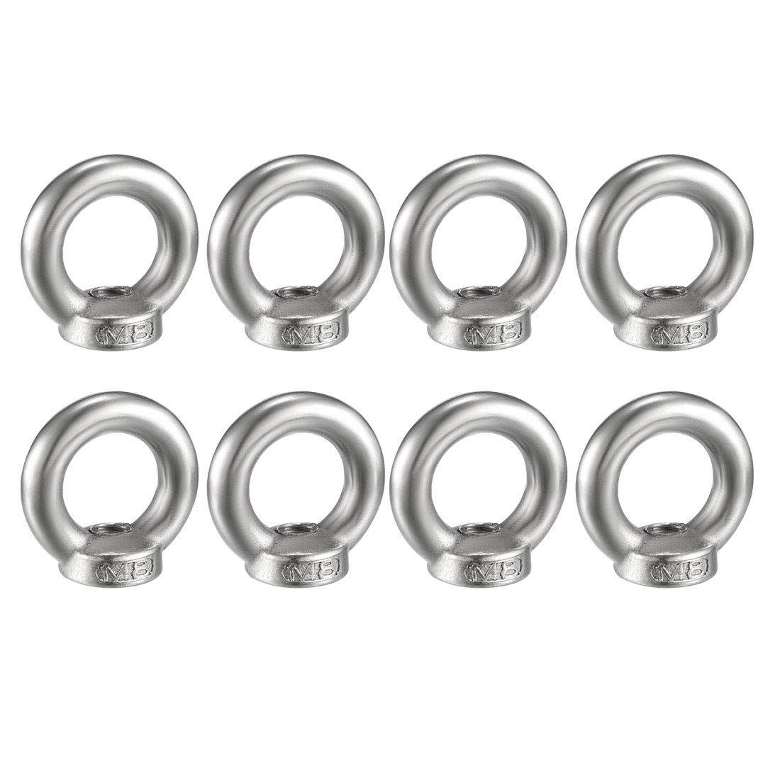 sourcing map Lifting Eye Nut M8 Female Thread 304 Stainless Steel Round Shape for Rope Fitting Pack of 8