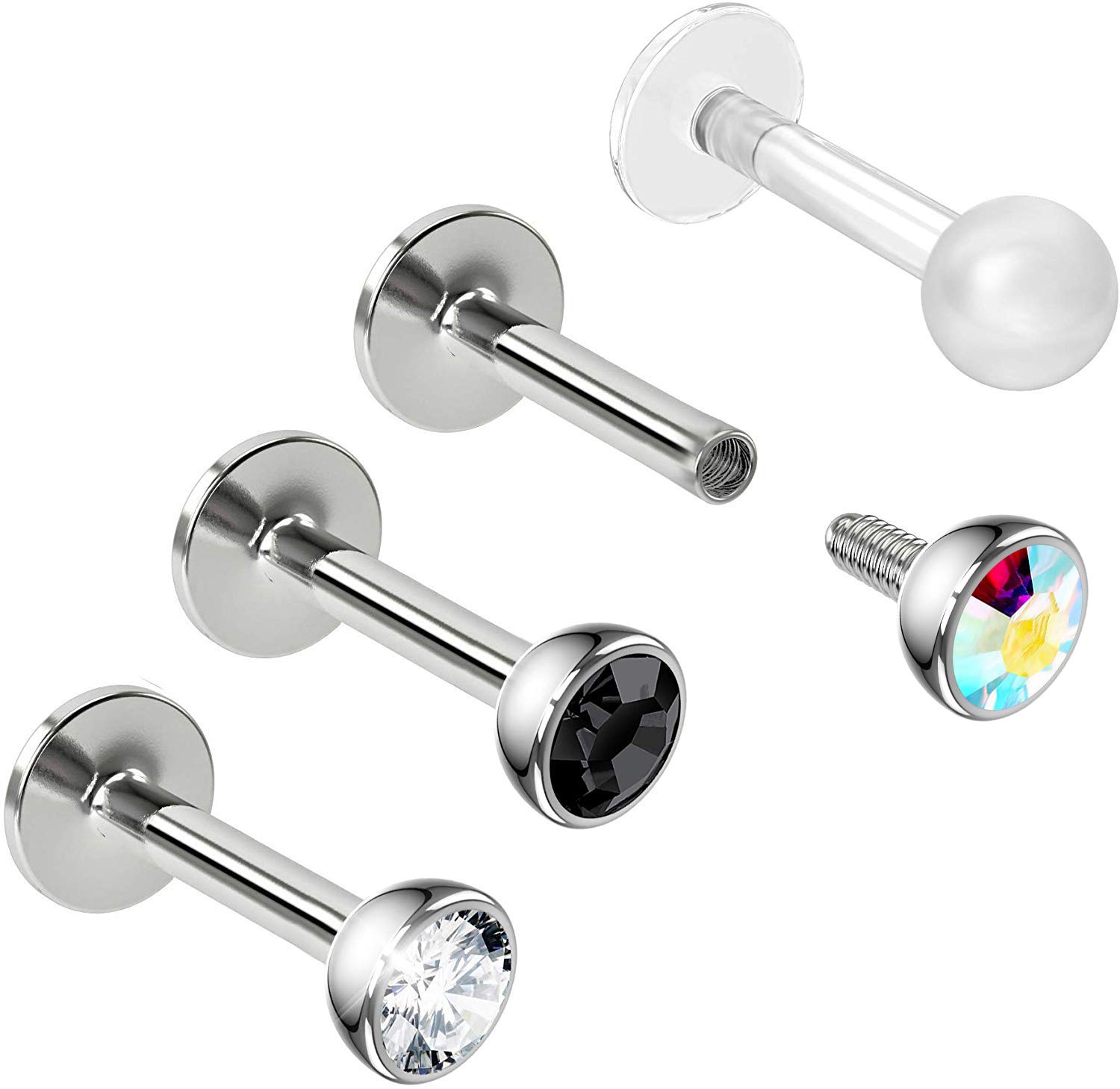 Bling Piercing 3pc 16g 1.2mm 6mm Labret Bar Stud Lip Ring 3mm AB Crystal CZ Snake Bite Marilyn Monroe 6mm + Clear Retainer Keeper