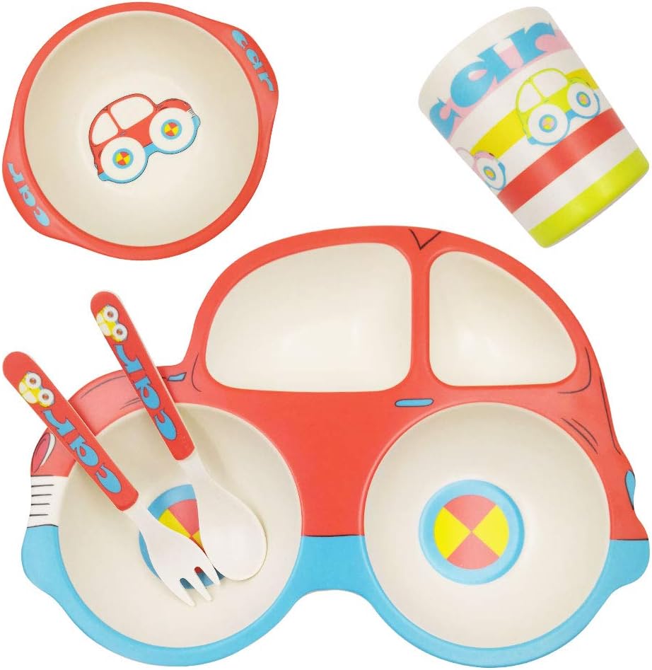 ASBYFR Bamboo Dinner Set, 5 Piece Kids Dinner Set, Bamboo Fiber Dinnerware Set - Eco Friendly, BPA Free and Dishwasher Safe - Car Design