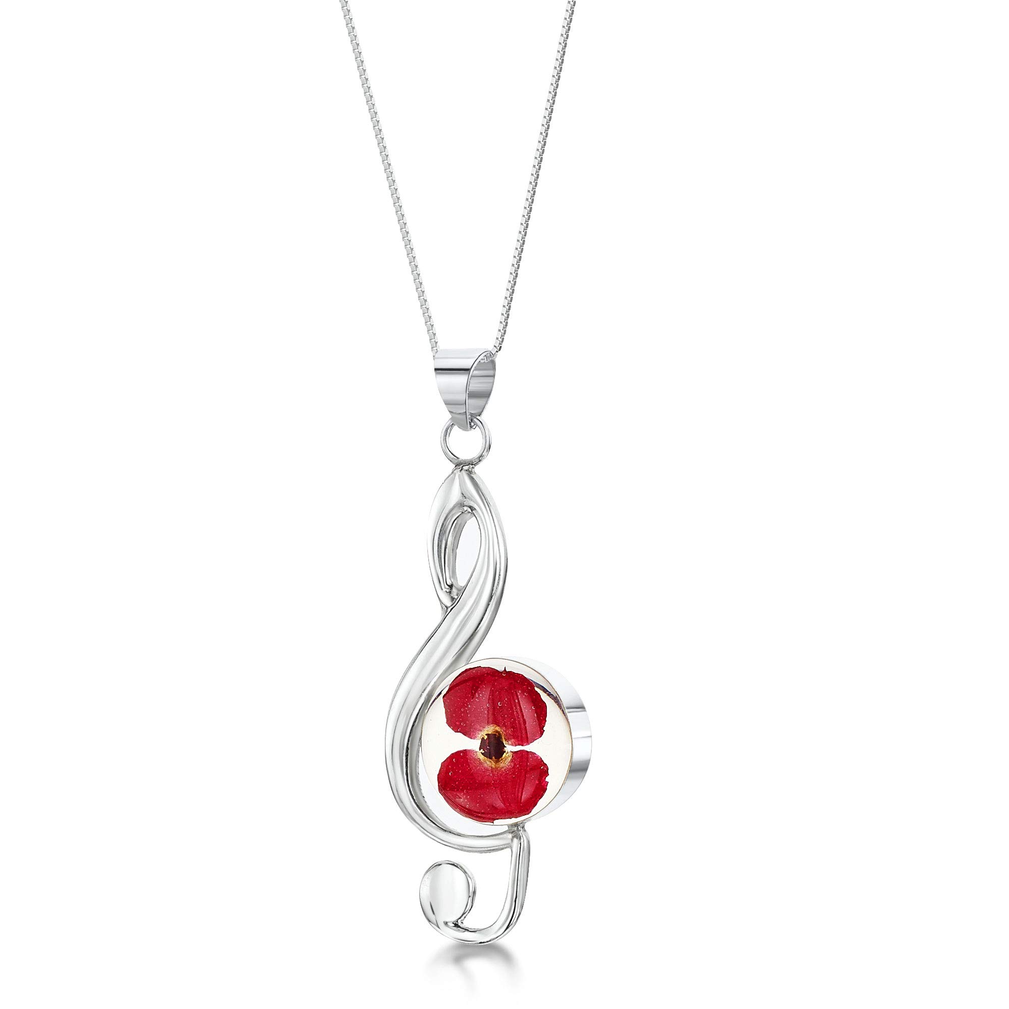 Shrieking Violet 925 Sterling Silver Treble Clef Music Real Flower Pendant Necklace - Poppy (Red)