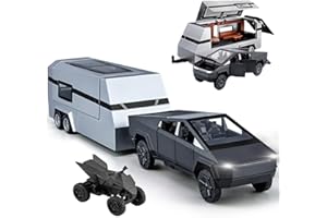 EROCK Pickup Trailer RV Model, Metal Pick-Up Truck Trailer Toy with Motorcycle, Toy Truck with Sound/Light/Pull Back/Realistic Interior Exterior,Ideal Toy Car Vehicle Gifts (1/32 Black Pickup Trailer RV)
