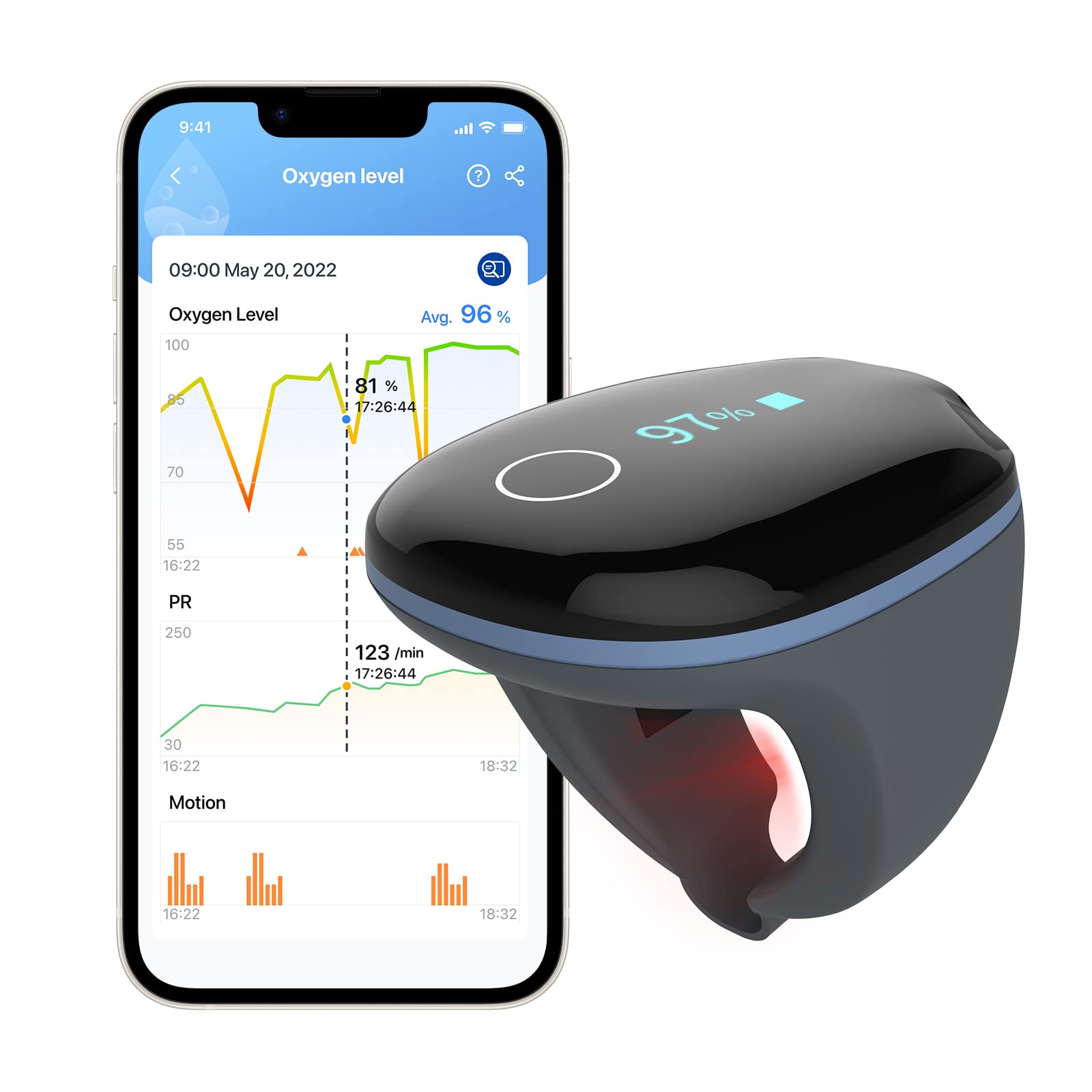 O2 Ring Pulse Oximeter with Alarm, Blood Oxygen Saturation Monitor with Bluetooth, Heart Rate Monitor, Continuously Tracking SpO2 and Heart Rate, App and PC Report, Rechargeable