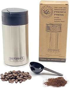Defiance Tools Travel French Press Mug, Portable Coffee Maker, Double Insulated Coffee and Tea Press, Makes 2 Cups, Stainless Steel