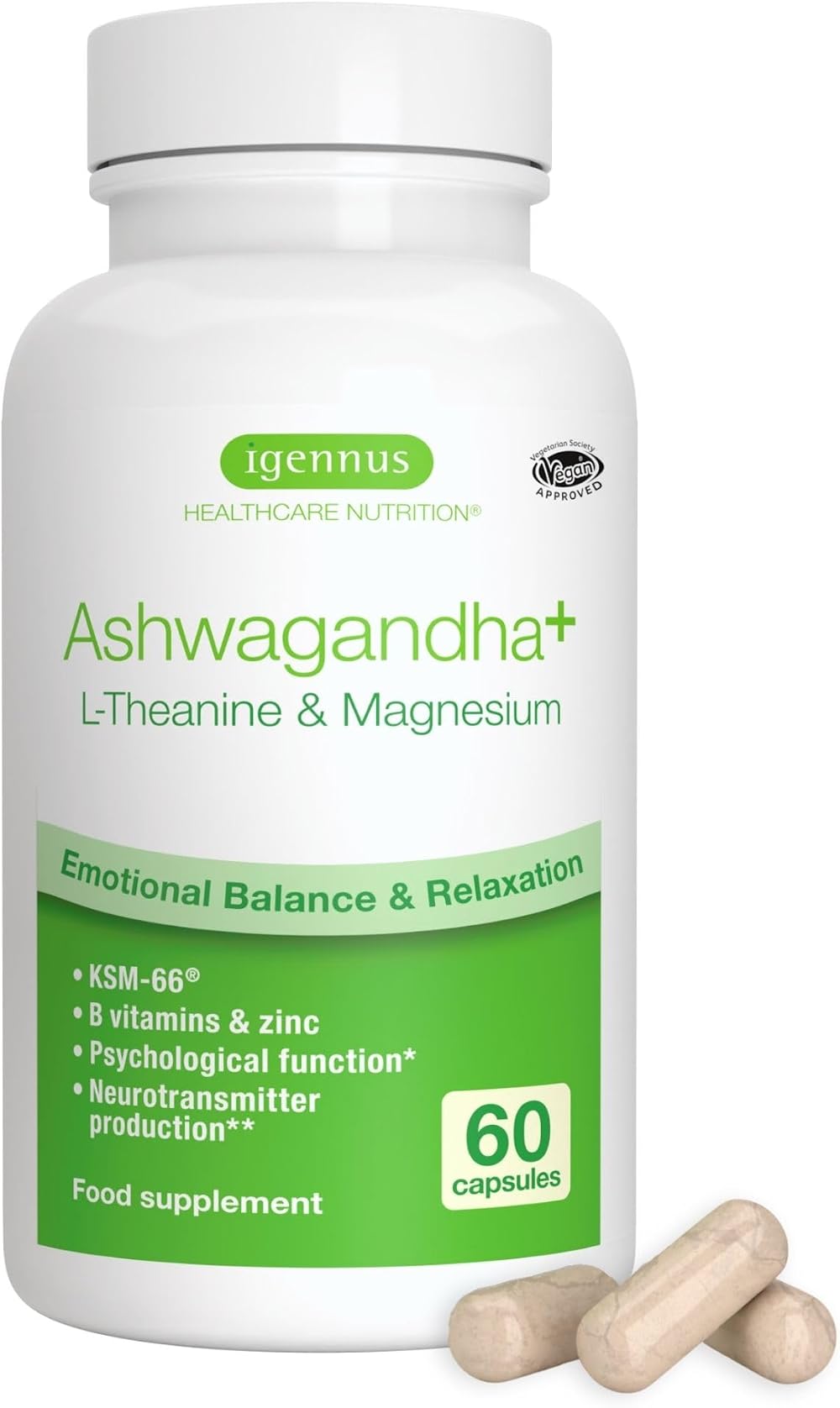 Igennus High Strength Ashwagandha, L-Theanine & Zinc Magnesium 60 Capsules