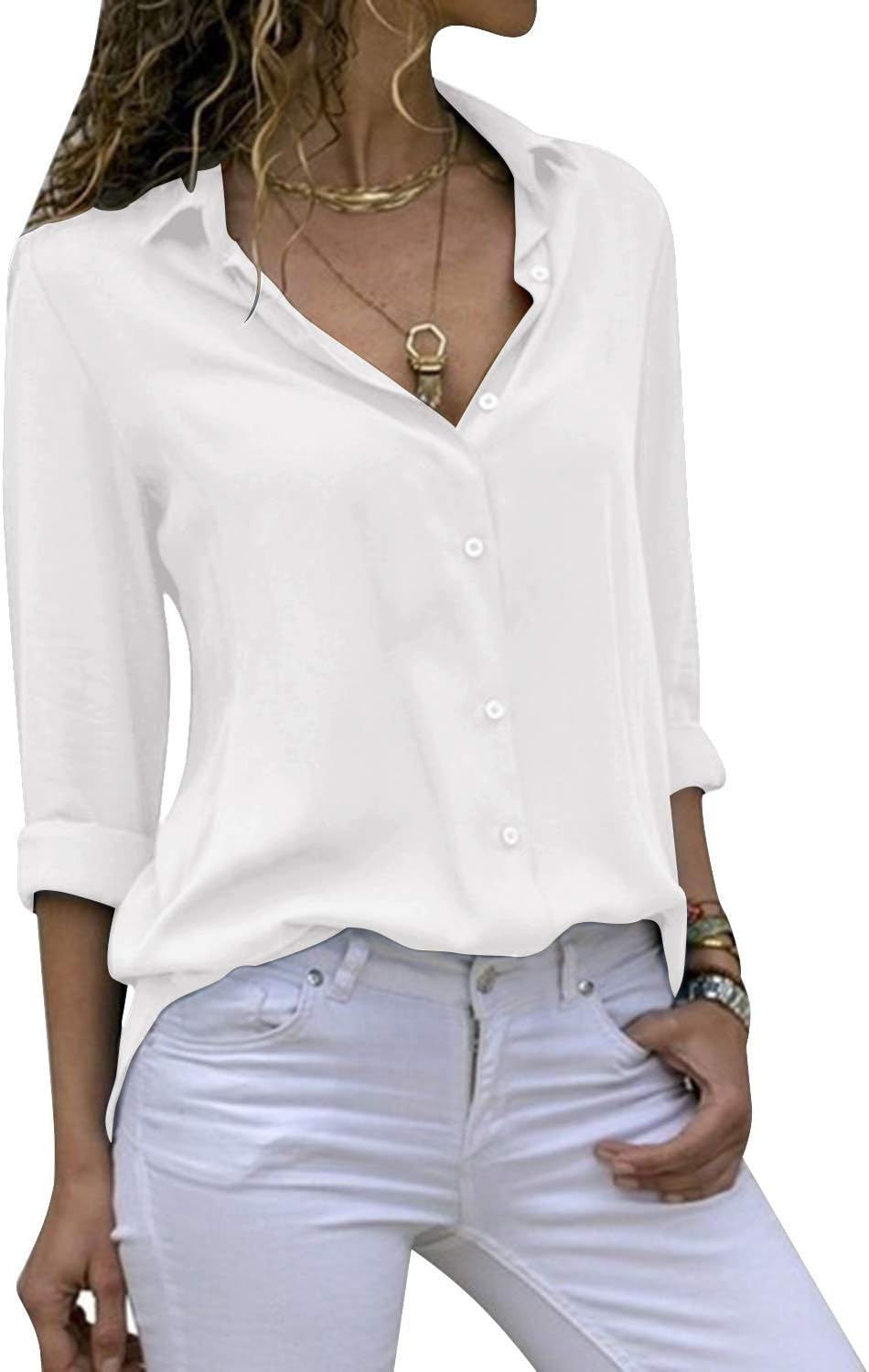 CassiecyWomens Casual Chiffon V Neck Long Sleeve Button Down Blouse Solid Color Shirts Top