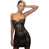 AIBEARTY Women's Floral Lace Spaghetti Strap Mini Dress Sexy Push Up Sheer Cami Bodycon Party Club Cocktail Dresses