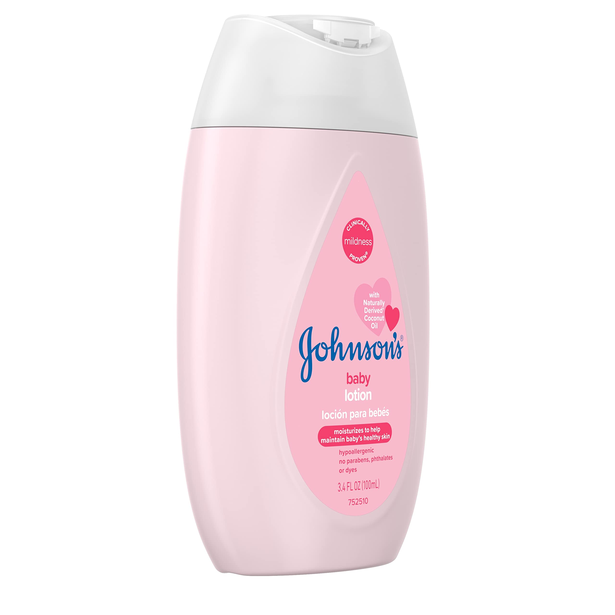 Johnson's Moisturizing Mild Pink Baby Lotion with Coconut Oil for Delicate Baby Skin, Dye-Free, Hypoallergenic & Dermatologist-Tested, Baby Skin Care, 3.4 fl. oz