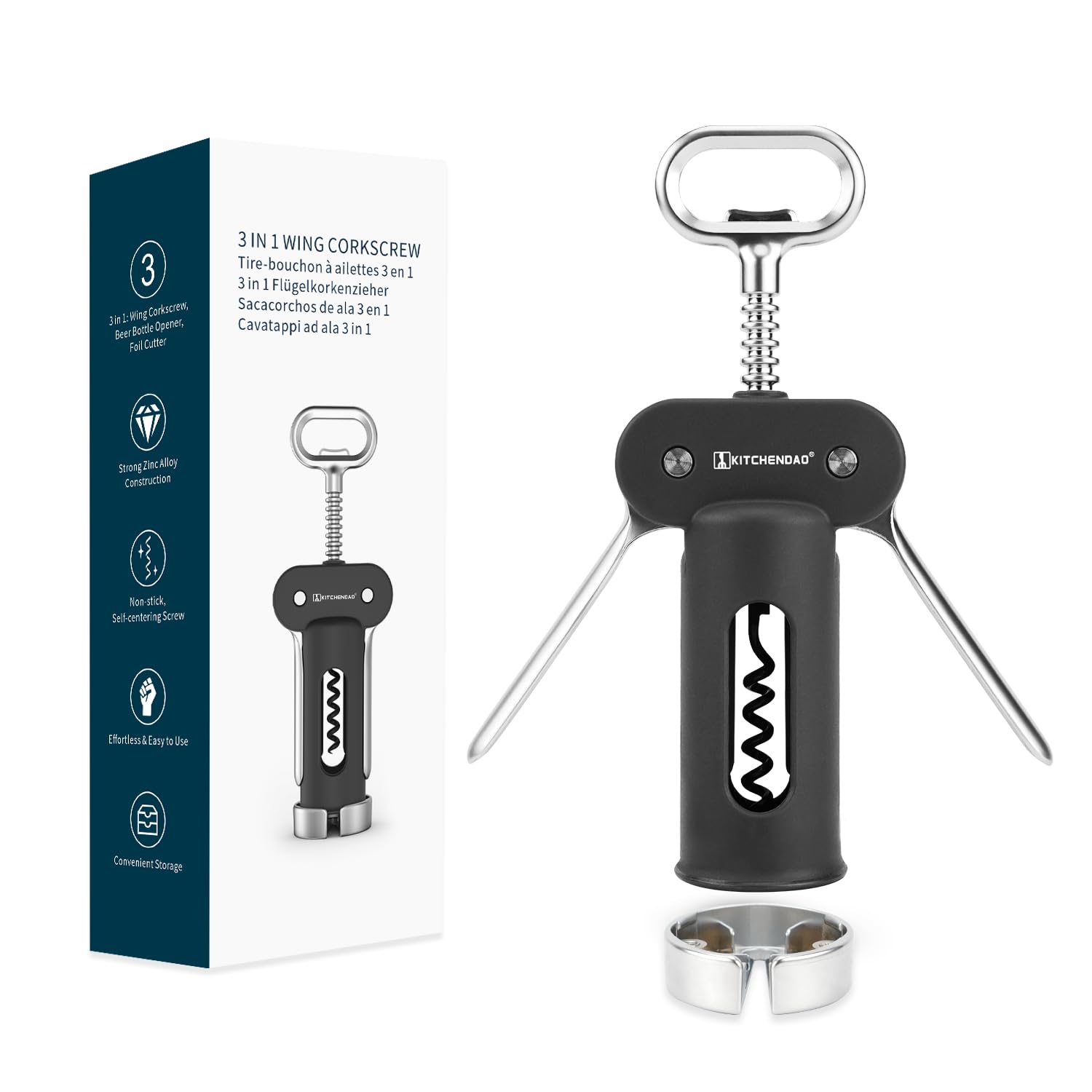 KITCHENDAO 3 in 1 Wing Corkscrew Wine Bottle Opener with Foil Cutter, Built-in Beer Bottle Opener, Wine Opener with Non-Stick Sharp Screw,Easy to Use, Sturdy Durable Manual Corkscrew(Black)