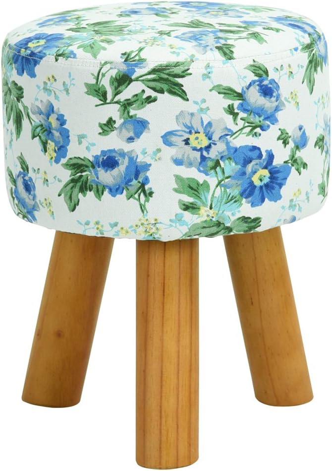 Innovareds Stool Fabric Round Wooden Footstool Ottoman Footrest Blue