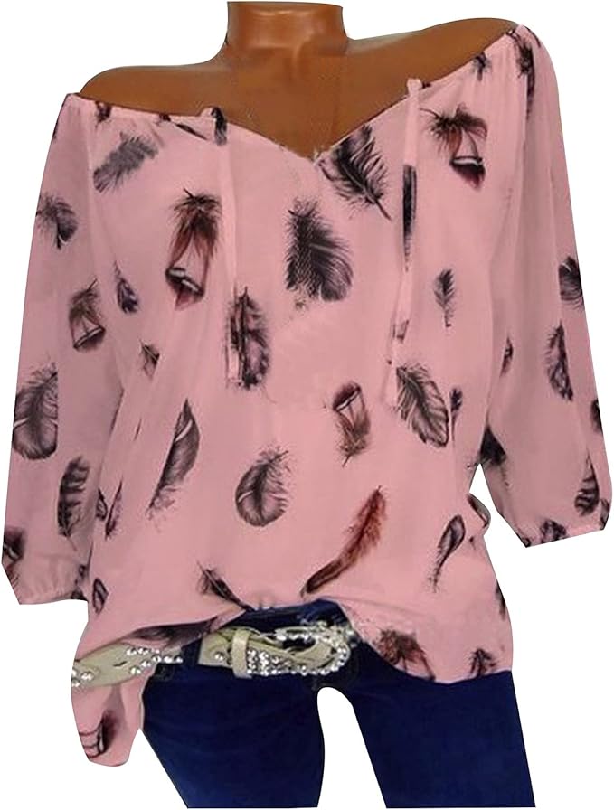 Amazon.com: Womens Boho Feather T Shirts 3/4 Sleeve Vintage Graphic Tees Loose Fit Tie Up Neck 