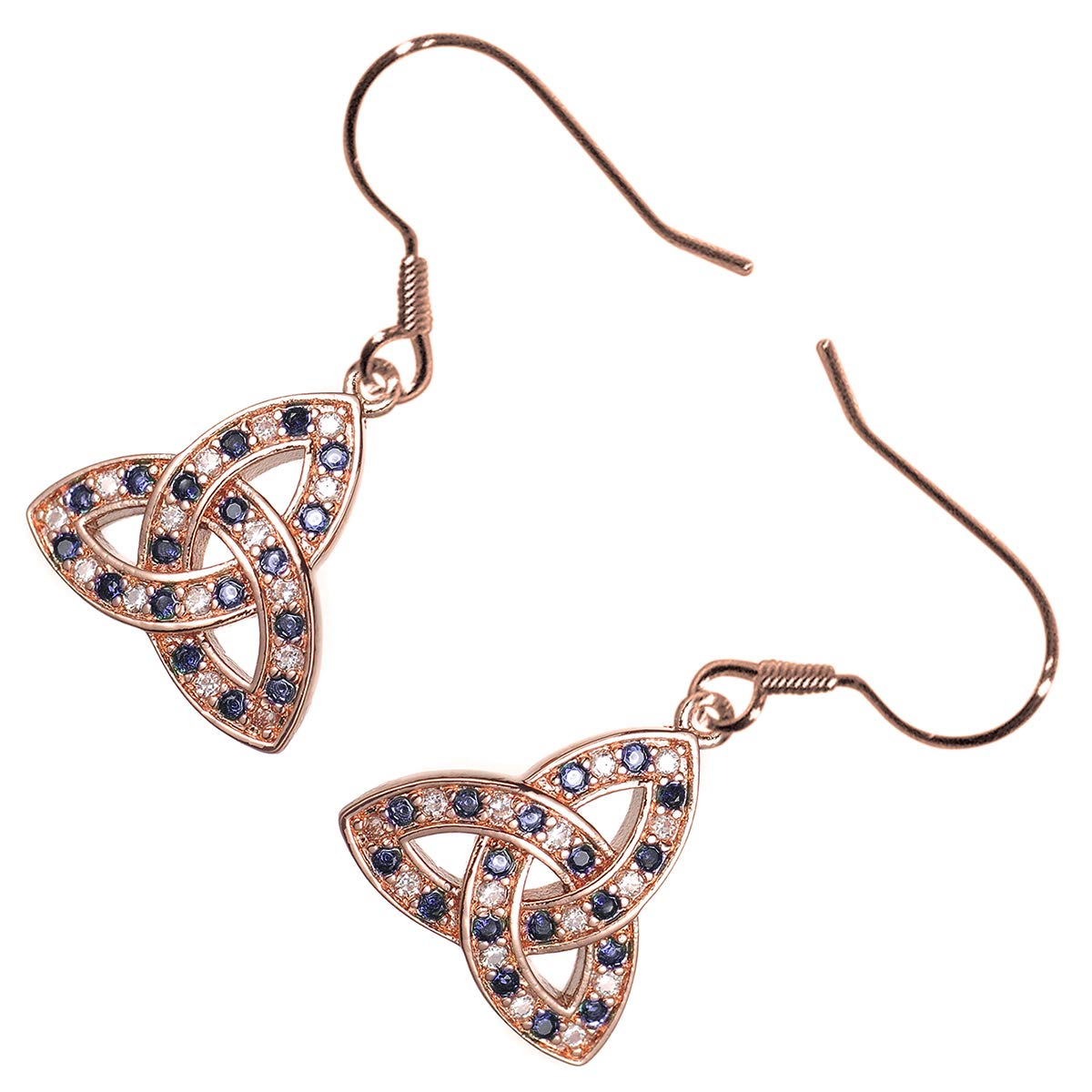 GWG Jewellery 18K Rose Gold Coated Celtic Trinity Knot Embellished with Sapphire Blue Stones Earrings in Gift Box for Women