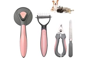 NORDKAWA Pet Deshedding Brush Set, Undercoat Rake for Dogs & Cats - Double Sided Brush for Shedding and Dematting Comb Grooming Tool kit - Nail Clippers & Nail File Kit (4Pack) Pink