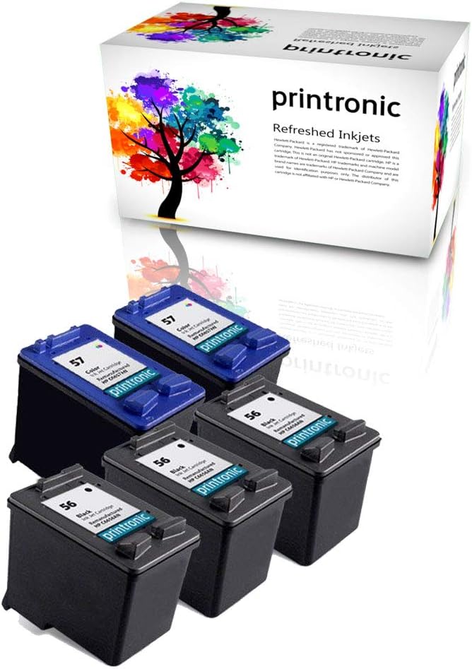 Printronic Remanufactured Ink Cartridge Replacement 5 Pack for HP 56 HP 57 for Officejet 4215 5510 6110 PhotoSmart 7260 7350 7450 7960 PSC 2110 2210 2175 (3 Black, 2 Color)