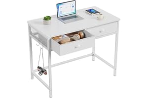 Furologee White Small Computer Desk with 2 Fabric Drawers for Bedroom,34 Inch Simple Home Office Writing Desk, Vanity Desk with Hooks, Study Table for Adults Student Small Spaces
