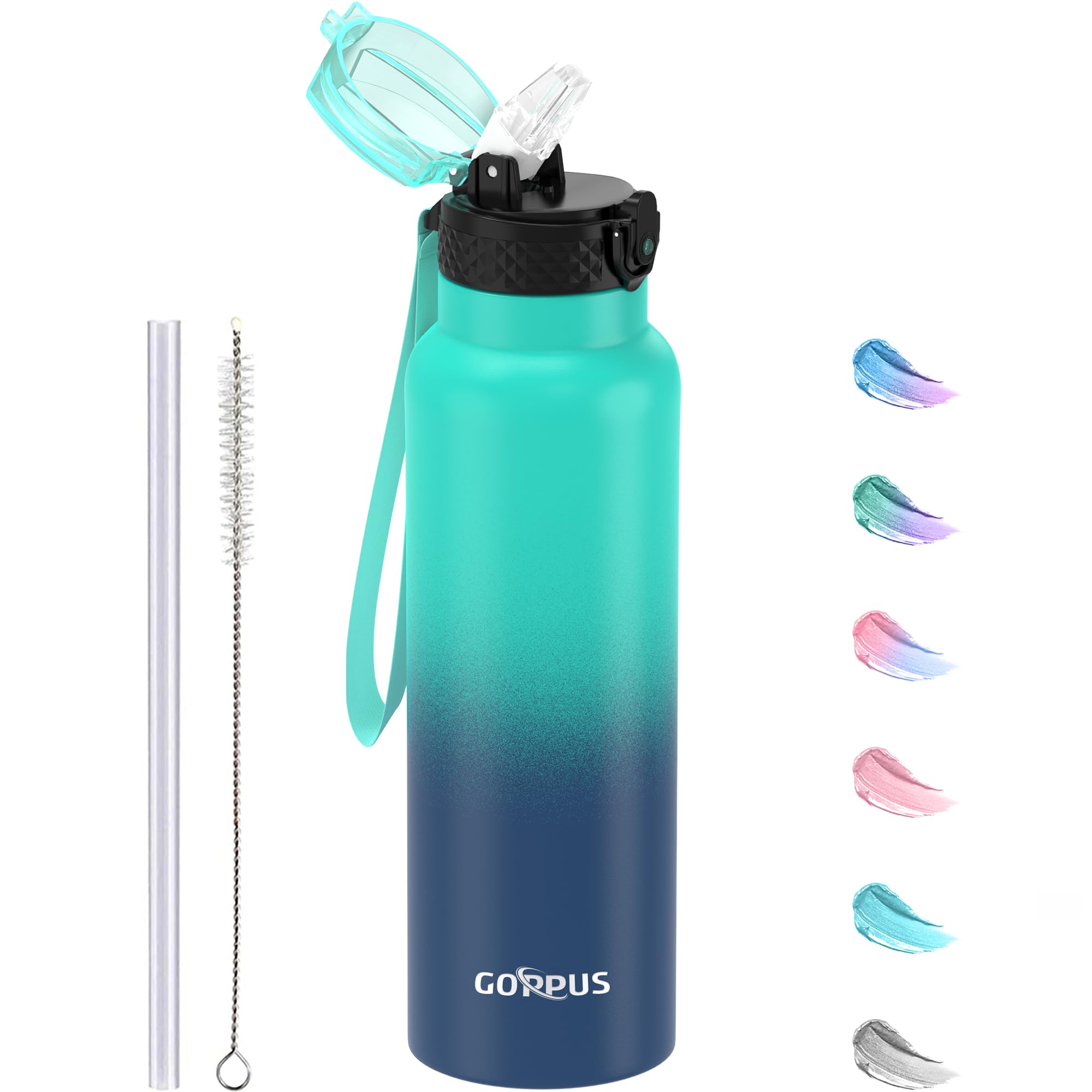 GOPPUS 750ml/26oz Stainless Water Bottle with Straw Double Wall Insulated Bottles with Strap Reusable Vacuum Thermal Flask Leakproof Keep Cold Drinks Bottles with Flip Top Lid for Men Women BPA Free