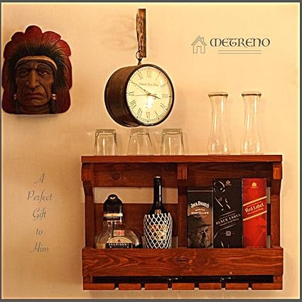 METRENO Wall Mounted Wooden Wine Rack, Bottle and Glass Holder for Mini Bar Home Decor(Antique Brown)