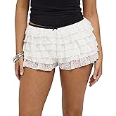Women Lolita Lace Shorts Bloomers Y2K Fairy Floral Lace Tiered Skirt Elastic Waist Layered Ruffle Mini Cake Shorts