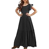 MITILLY Girls Lace Flower Ruffle Sleeve A-Line Swing Wedding Party Maxi Dress with Pockets