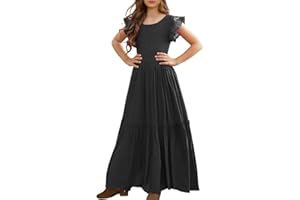 MITILLY Girls Lace Flower Ruffle Sleeve A-Line Swing Wedding Party Maxi Dress with Pockets