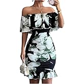 Floerns Women's Off Shoulder Ruffle Trim Short Sleeve Tropical Print Bodycon Dress