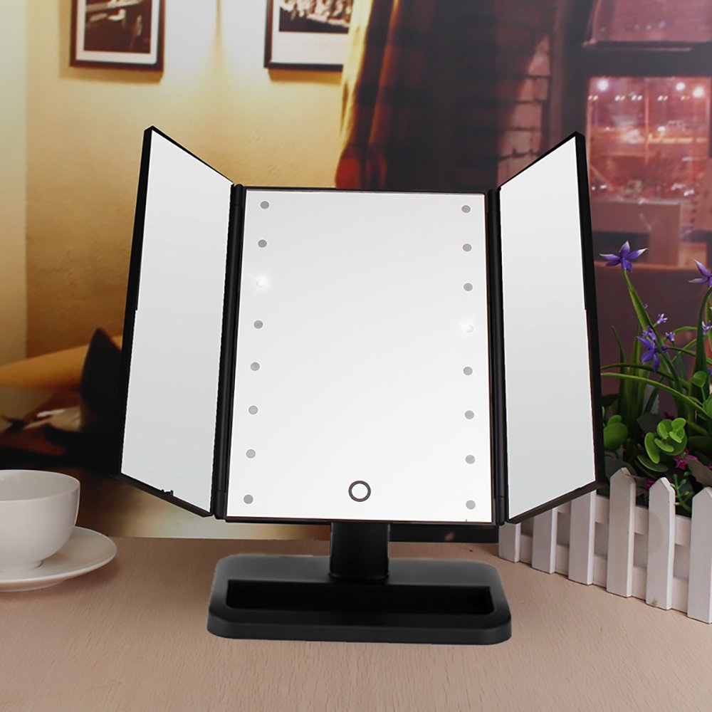 vinmax Tri-Fold Lighted Vanity Makeup Mirror,Portable Table LED Lamp Luminous Makeup Mirror Adjustable Tabletop Countertop Light Mirror(Black)